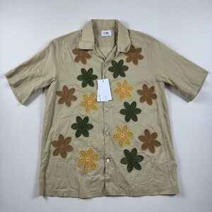 NN07 Julio Crochet Shirt Mens Button Front Camp Collar Embroidered Floral Medium